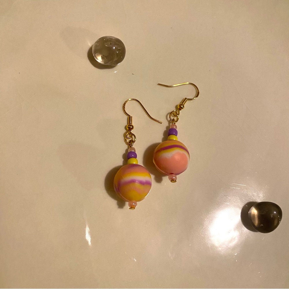 Colorful Beaded Earrings Orange Pink Tie Dye Swirl Hook